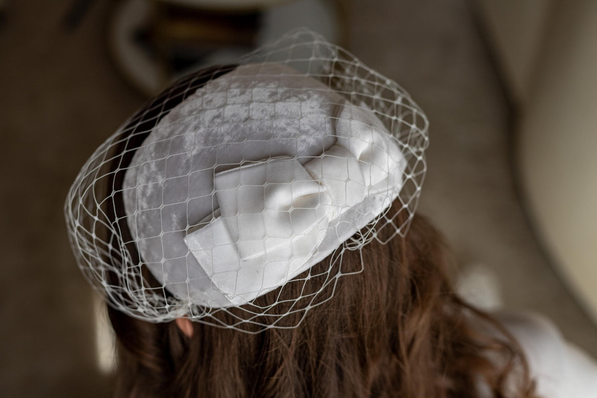Silk Velvet Wedding Cap Headpiece with bow and birdcage, Old Hollywood style bridal hat, rear worn half hat for vintage bride