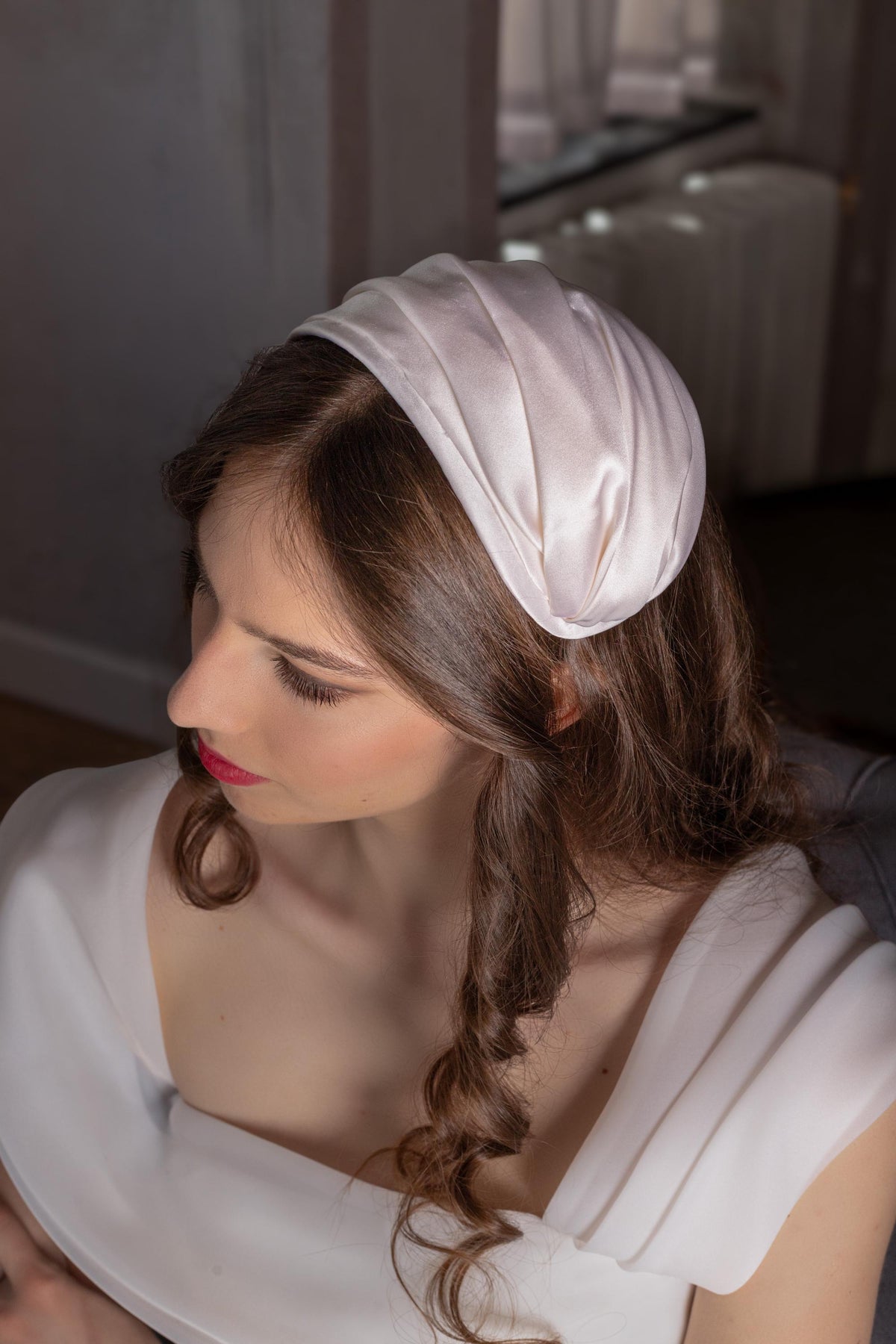 Silk Satin Wide Headband with Veil | 2-in-1 Bridal Headpiece | Removable Veil | Handmade Millinery Cap Hat