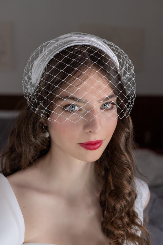 Silk Satin Wide Headband with Veil | 2-in-1 Bridal Headpiece | Removable Veil | Handmade Millinery Cap Hat