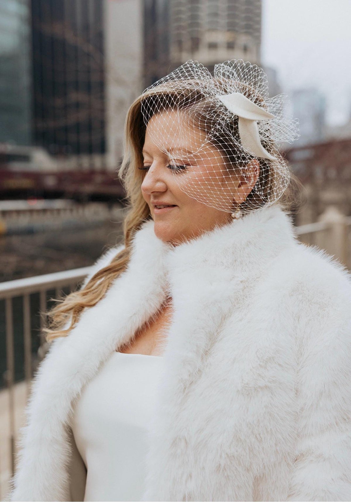 Handmade Felt Petals Bridal Veil – Ivory Birdcage Wedding Headpiece – Botanical Fascinator for Modern Bride