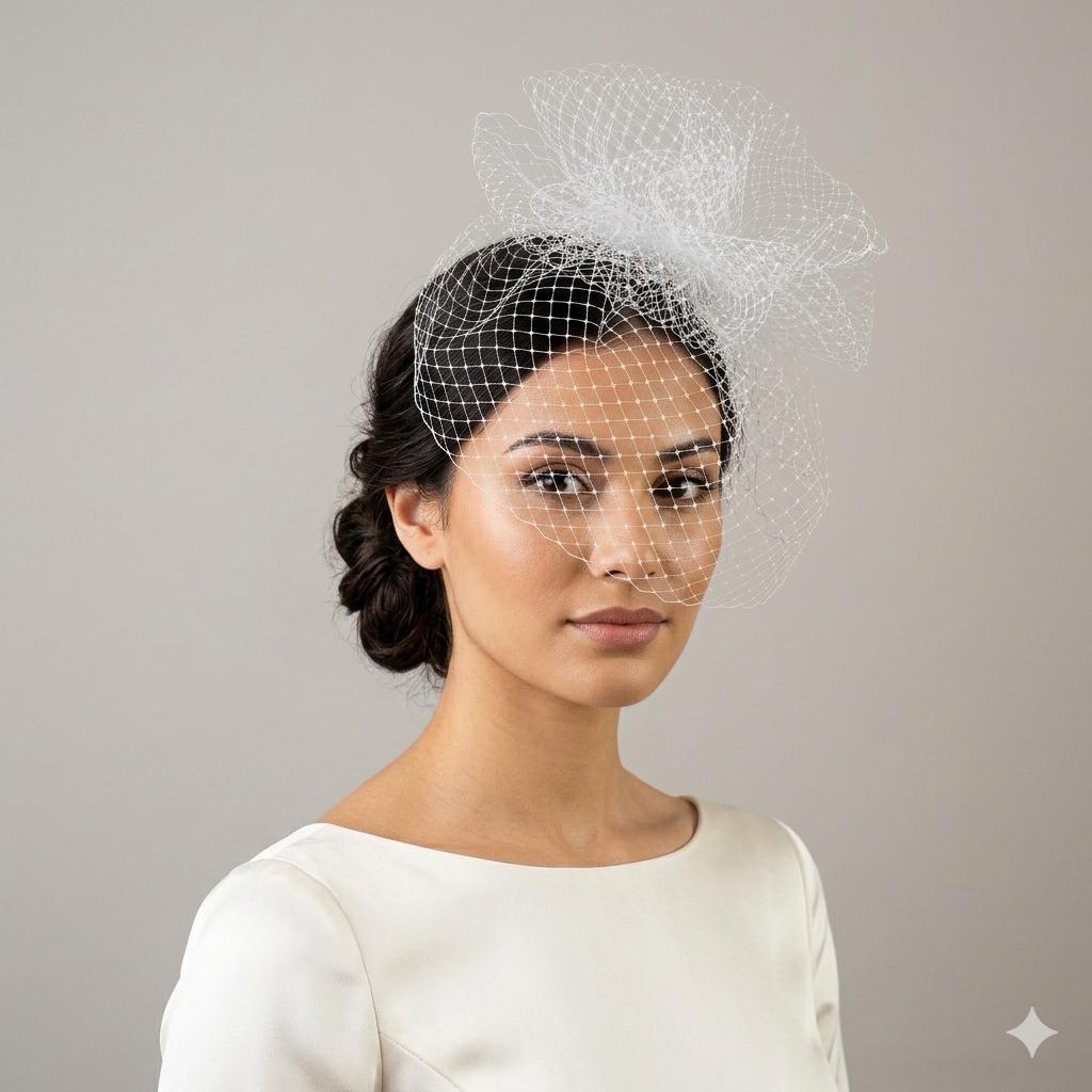 White Bridal Birdcage Veil with soft puffed detail – Short Netting Wedding Veil Headpiece – Modern Bride Hair Accessory Fascinator