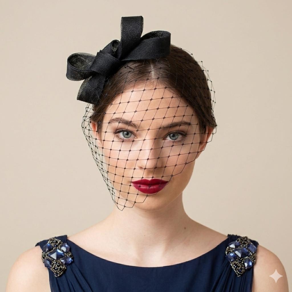 Black Bow Fascinator: Detachable Birdcage Veil Headpiece, Black Netting Veil, Short Birdcage in Black