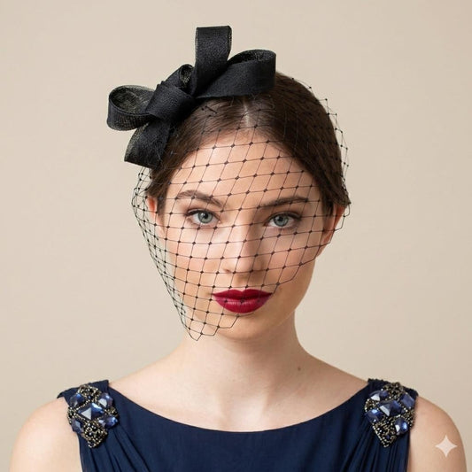 Black Bow Fascinator: Detachable Birdcage Veil Headpiece, Black Netting Veil, Short Birdcage in Black