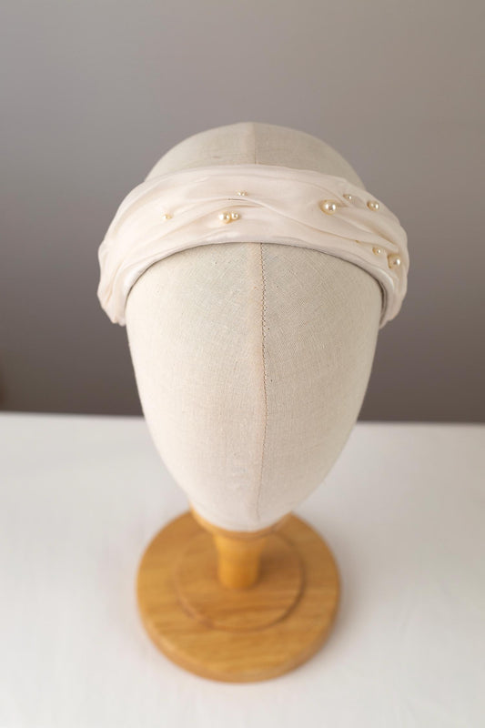 Old Money Bridal Headband – Ruched Silk Couture Wedding Headpiece Swarovski Pearls, Ivory Old Hollywood Millinery Accessories, Luxury Bride