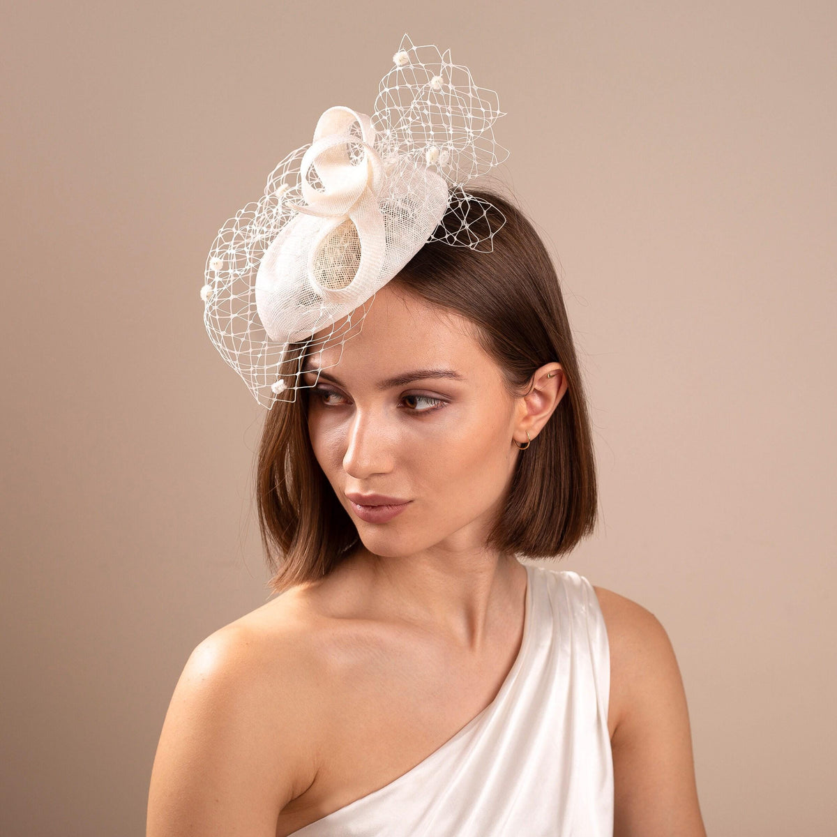 Ivory Wedding Pillbox Hat: Sinamay Bridal Hat with Bow & Dotted Veil
