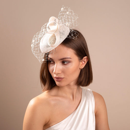 Ivory Wedding Pillbox Hat: Sinamay Bridal Hat with Bow & Dotted Veil