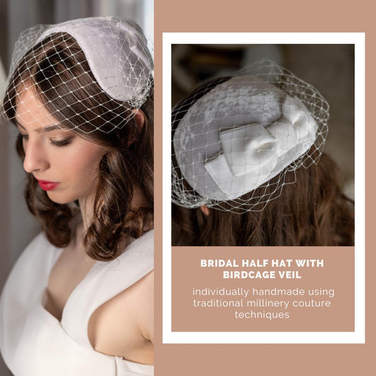 Silk Velvet Wedding Cap Headpiece with bow and birdcage, Old Hollywood style bridal hat, rear worn half hat for vintage bride