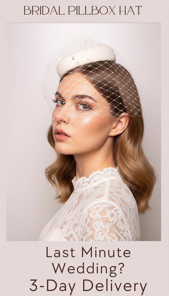 Elegant Bridal Pillbox Hat – Rhinestone Birdcage Veil Headpiece – Civil Wedding & City Hall Elopement Fascinator for Modern Bride