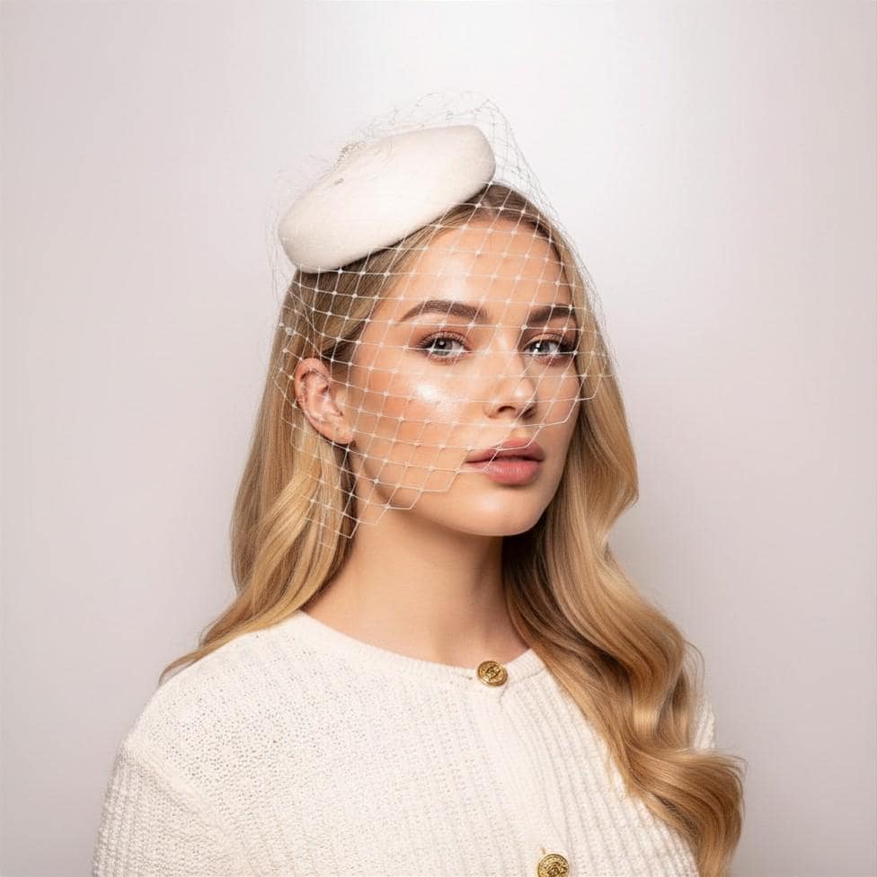 Elegant Bridal Pillbox Hat – Rhinestone Birdcage Veil Headpiece – Civil Wedding & City Hall Elopement Fascinator for Modern Bride