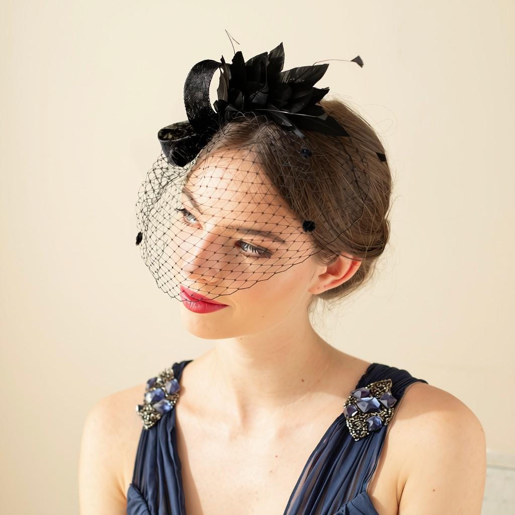 Black Feather Fascinator Birdcage – Elegant Headpiece with Veil, Wedding Guest Headpiece, Race Day Fascinator