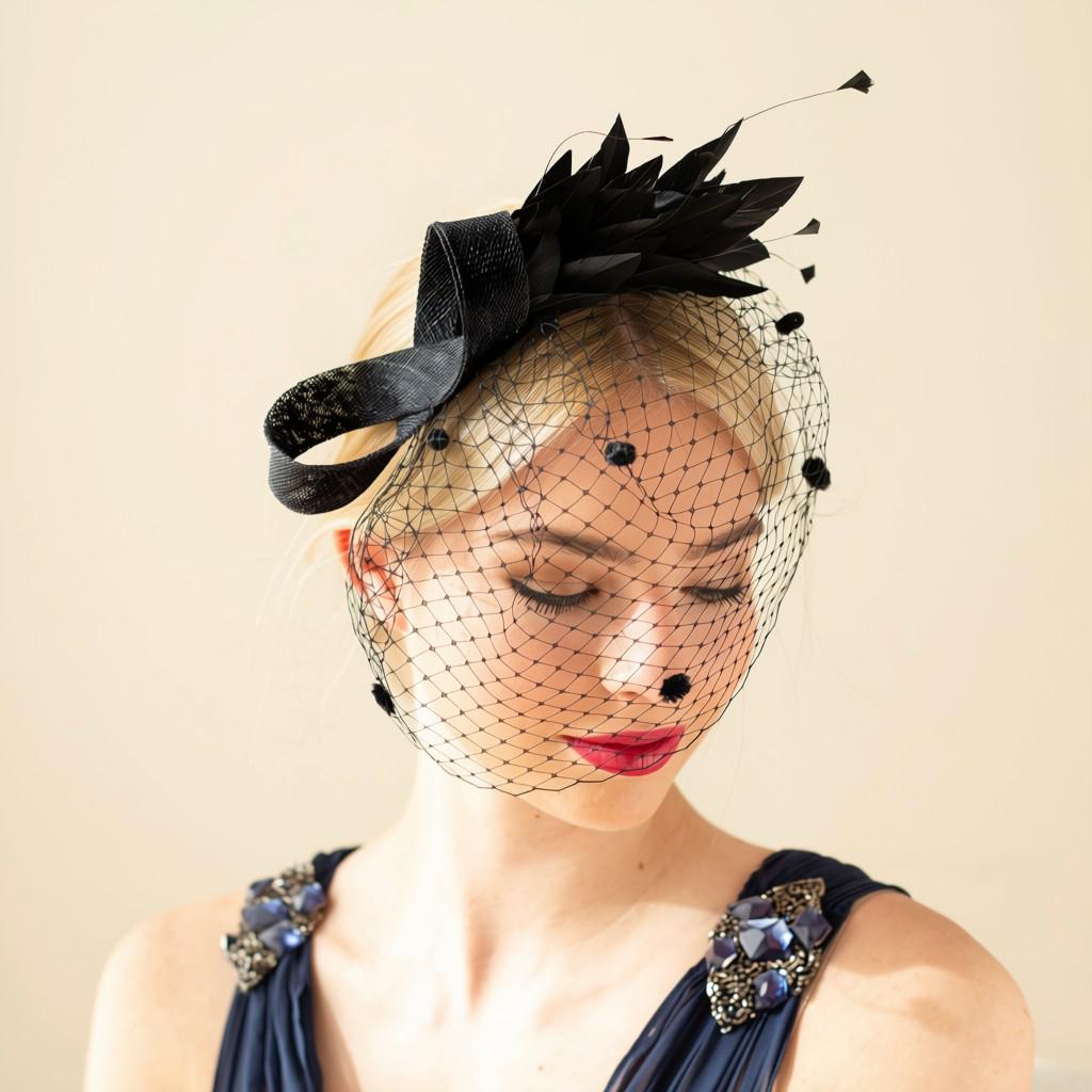 Black Feather Fascinator with Birdcage Veil for Wedding Guest, Formal Event Hairstyle, Occasion or Party