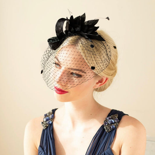 Black Feather Fascinator with Birdcage Veil for Wedding Guest, Formal Event Hairstyle, Occasion or Party