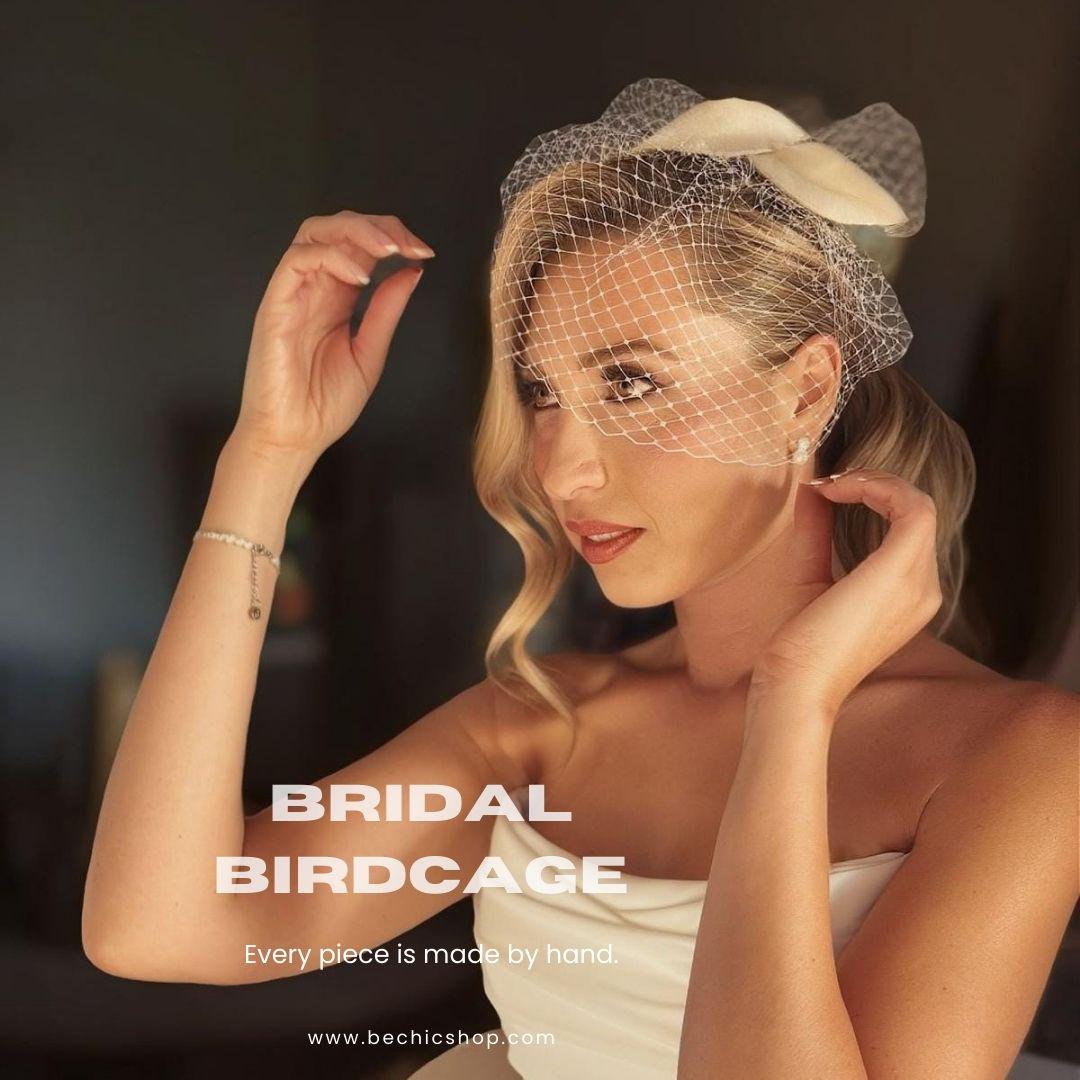Ivory Birdcage Veil Wedding Headpiece – Minimalist Bridal Fascinator – Modern City Hall Bride Veil – Courthouse Wedding Hair Accessory