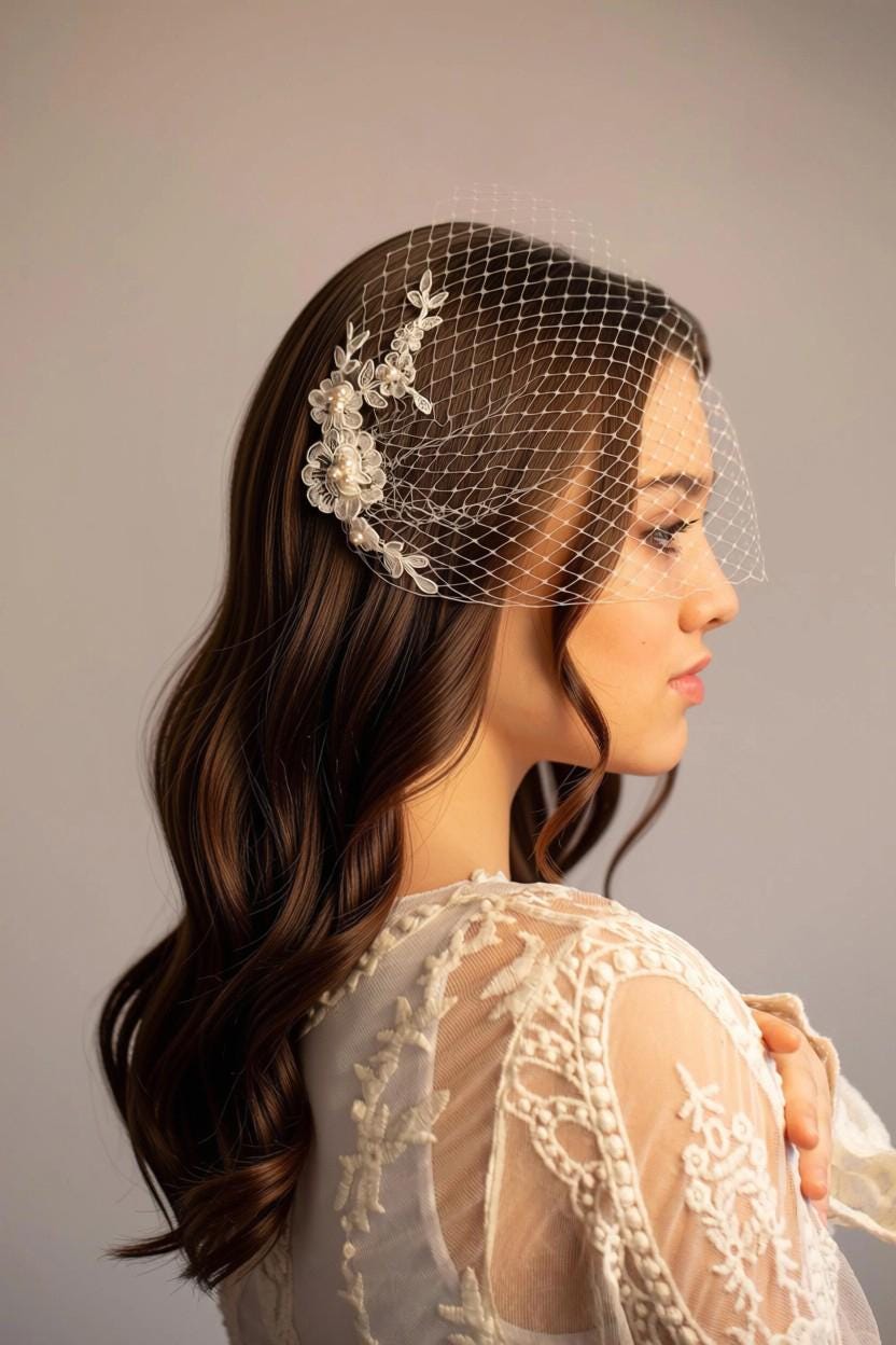 Svatební bandeau závoj s květinovou krajkou a perlami, svatební krajkový bandeau závoj s perlami Swarovski, krátký závoj pro nevěstu, perlový bandeau závoj