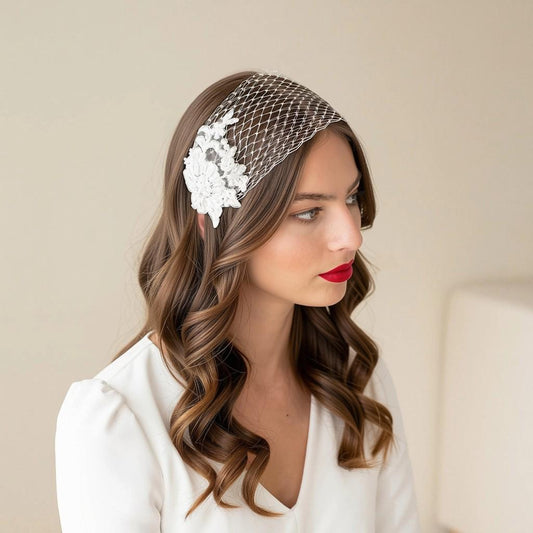 Wedding bandeau veil made of lace, face netting with Swarovski pearl-embellished lace, ivory floral lace netting headband for the bride