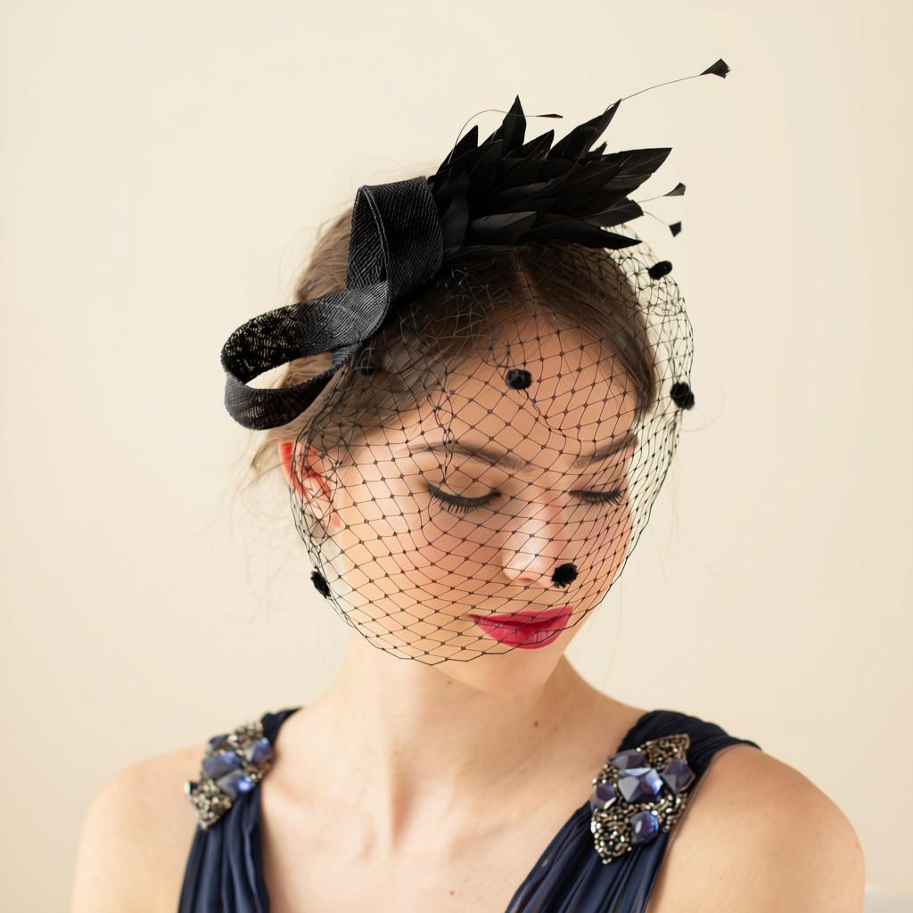 Black Feather Fascinator Birdcage – Elegant Headpiece with Veil, Wedding Guest Headpiece, Race Day Fascinator