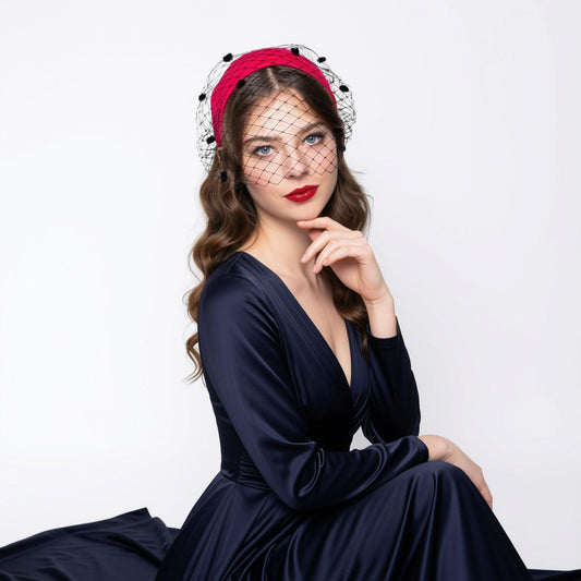 Hot Pink Ladies Hat Draped in Silk Dupion with dotted Black Netting Veil, Old Hollywood Style Headpiece, mid-century headpiece and birdcage