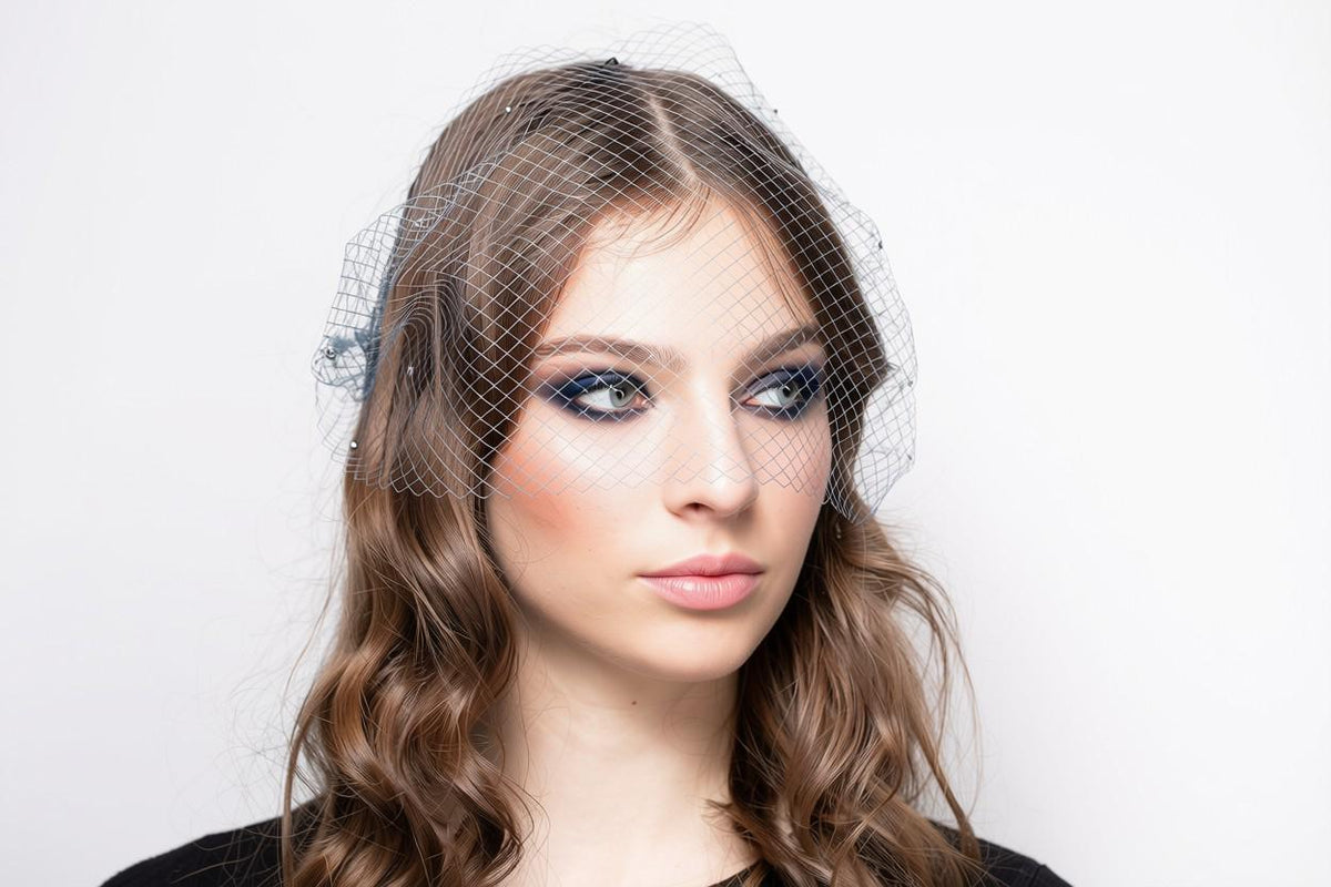 Steel Blue Birdcage Veil with Silver Rhinestones – Short Fascinator Veil for Weddings, Funerals & Formal Events