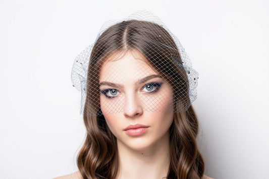 Steel Blue Birdcage Veil with Silver Rhinestones – Short Fascinator Veil for Weddings, Funerals & Formal Events