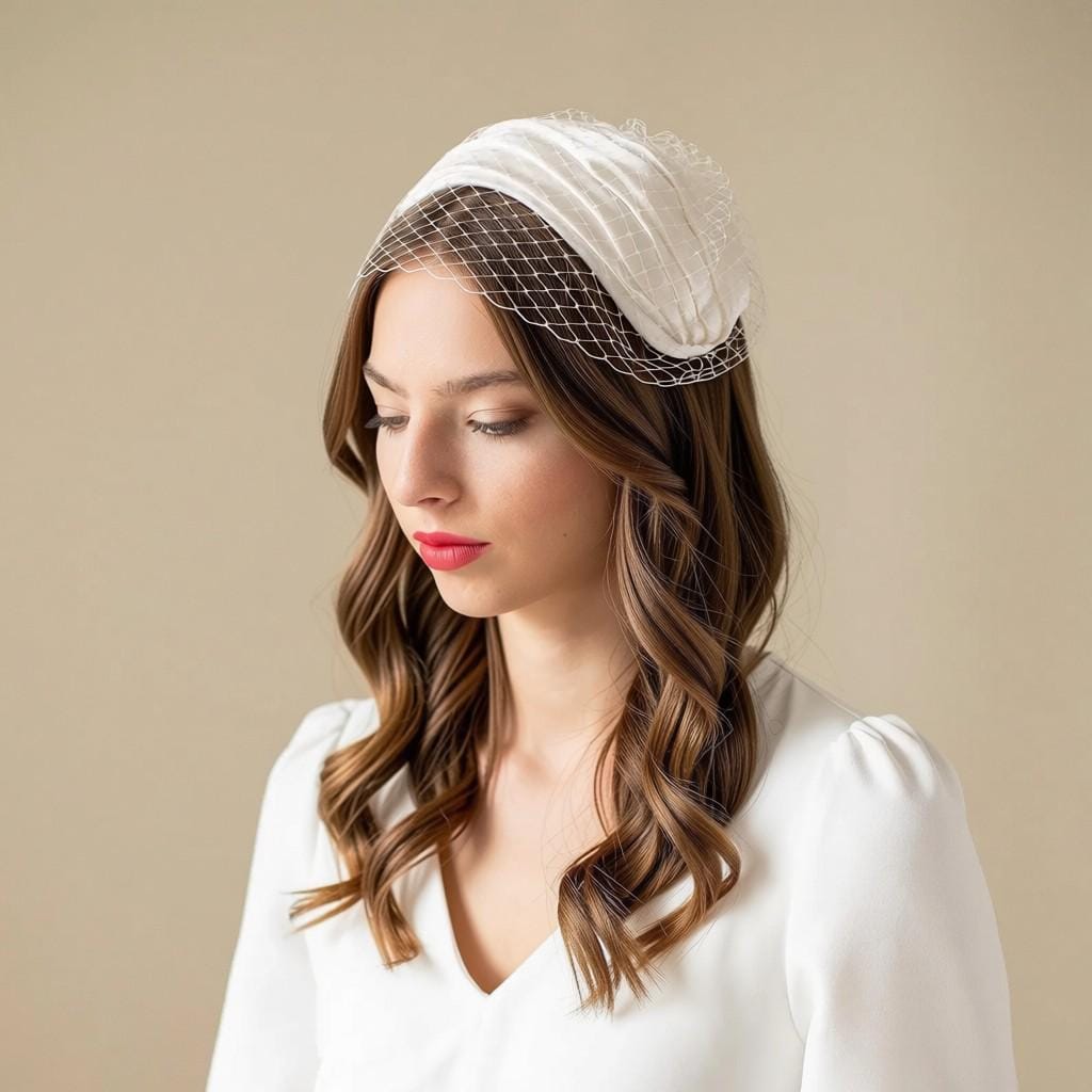 Vintage-Inspired Bridal Hat, Birdcage Veil with Silk Satin Bridal Wide Headband