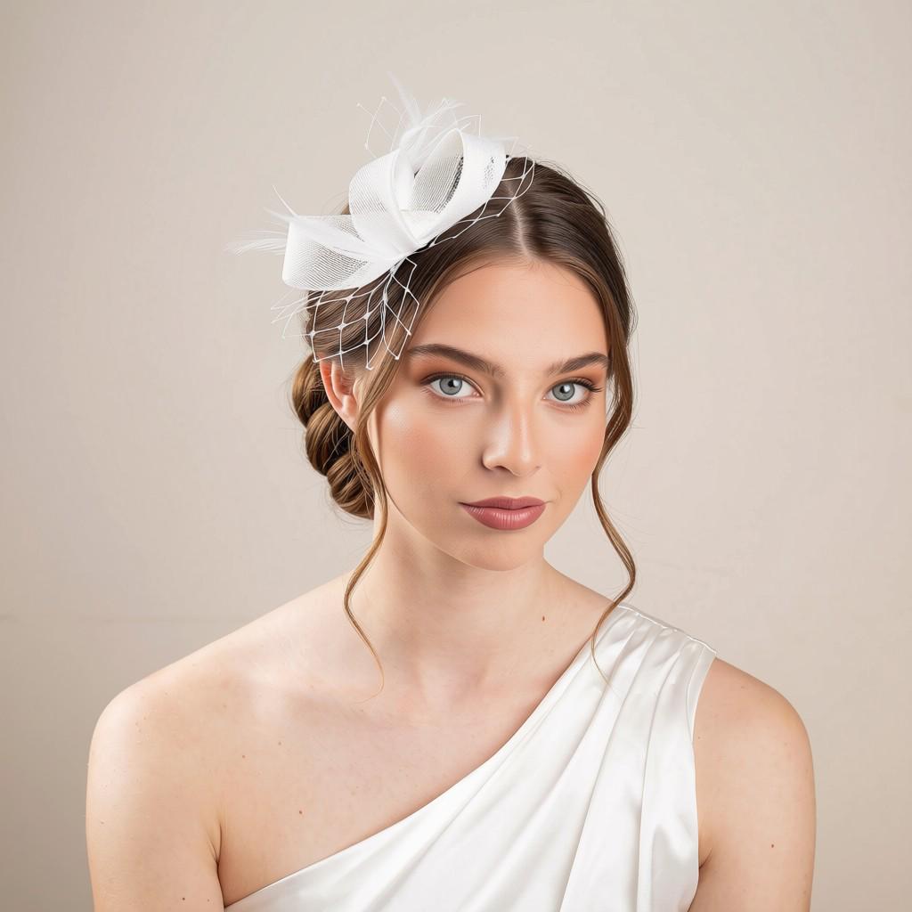 Minimalist Bridal Fascinator with Feathers – White Wedding Headpiece – Modern Civil Wedding Hair Accessory – Elegant Bride Hat Alternative