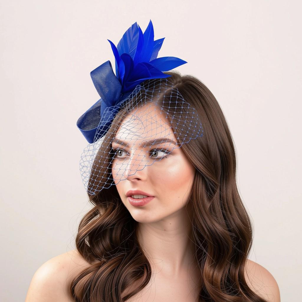 Royal Blue Feather Fascinator, Wedding Guest Headpiece, Elegant Women’s Hat for Formal Events