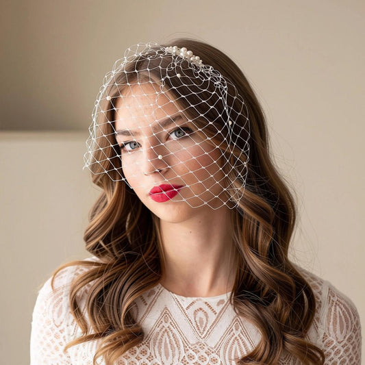 Pearl Birdcage Wedding Veil, Swarovski Crystal Beaded Bridal Veil, Face Netting Veil