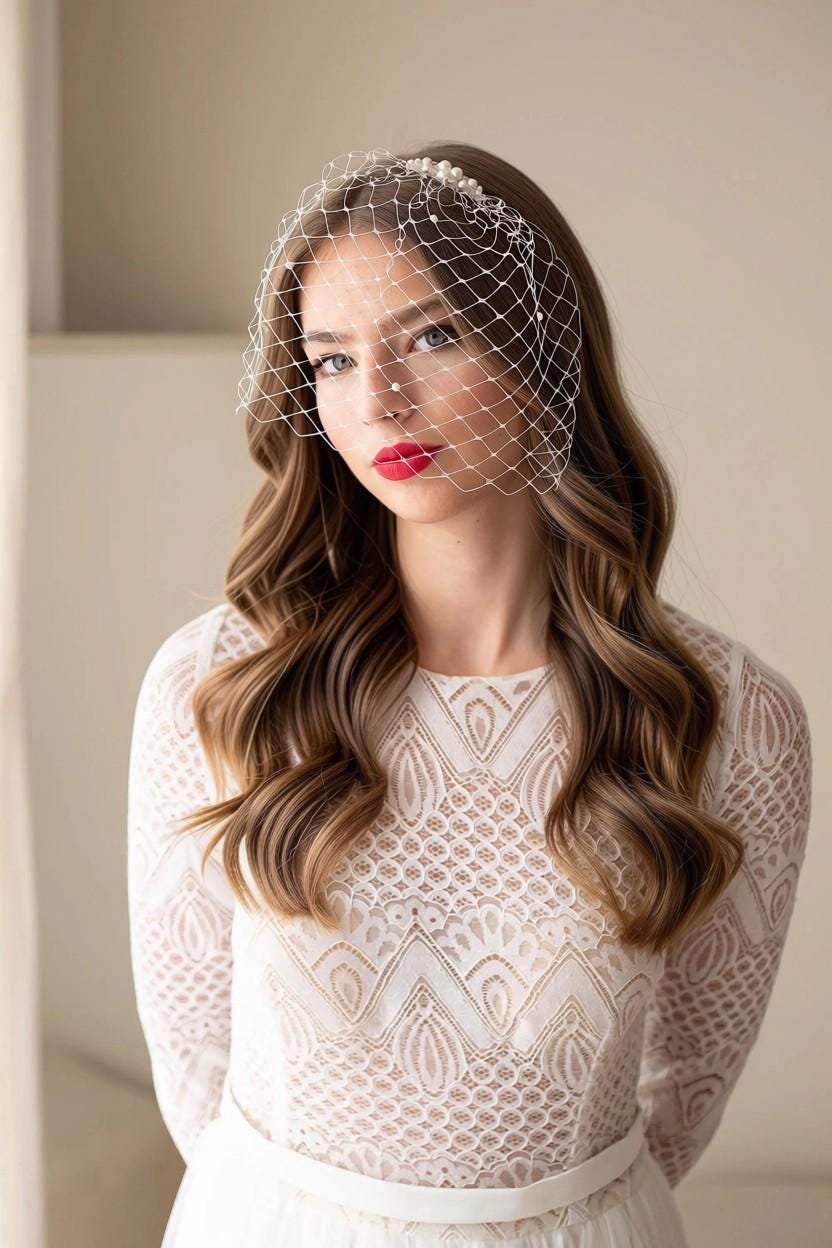 Pearl Birdcage Wedding Veil, Swarovski Crystal Beaded Bridal Veil, Face Netting Veil