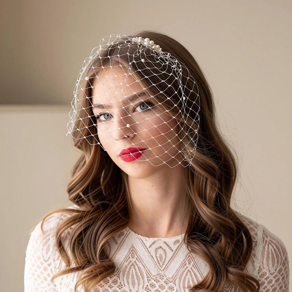 Pearl Birdcage Veil, Swarovski Pearl Bridal Veil, Short Wedding Veil, Bridal Fascinator, Vintage Inspired Wedding Headpiece, Mini Veil