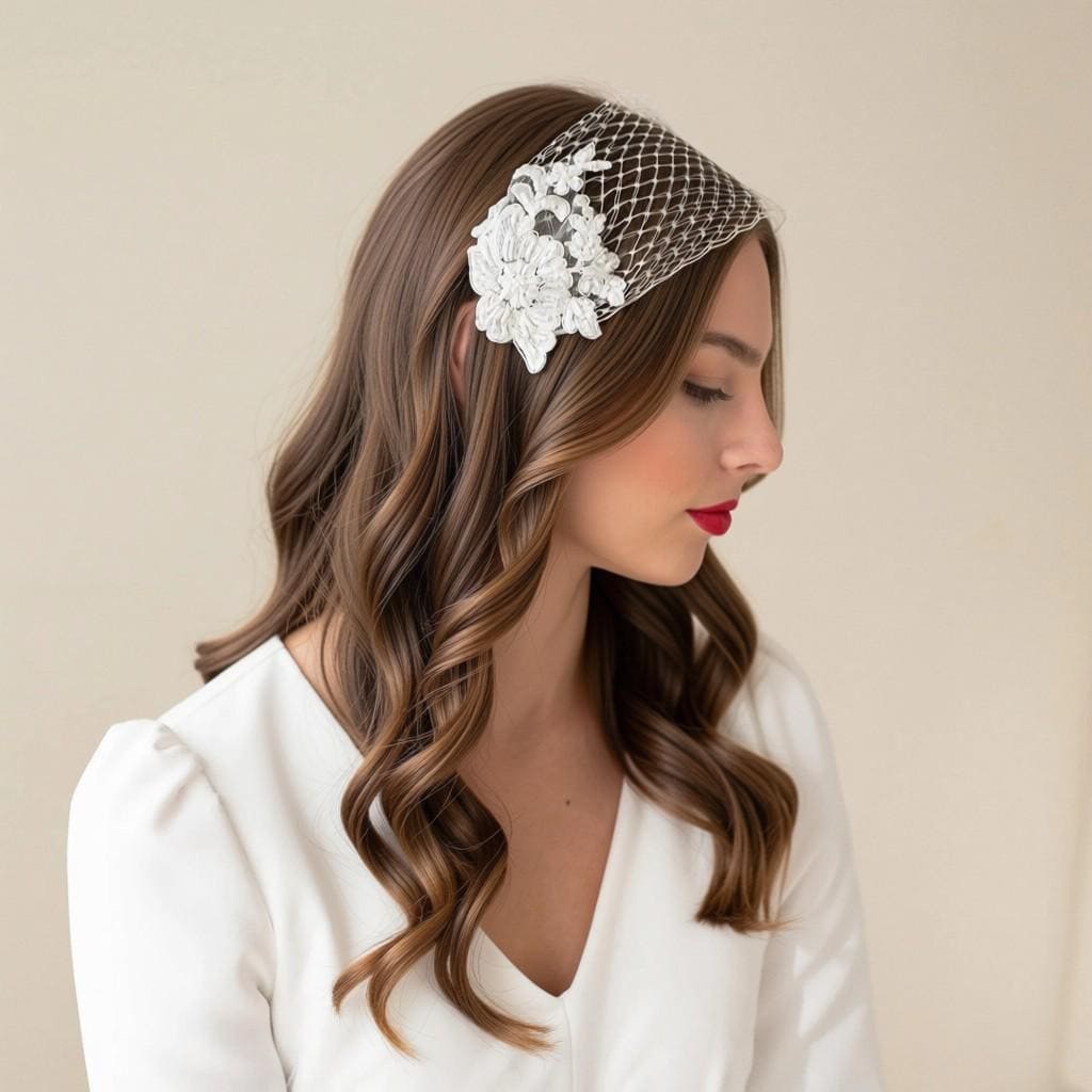 Ivory Floral Lace Bandeau Veil: Beaded Netting Headband for a Bride