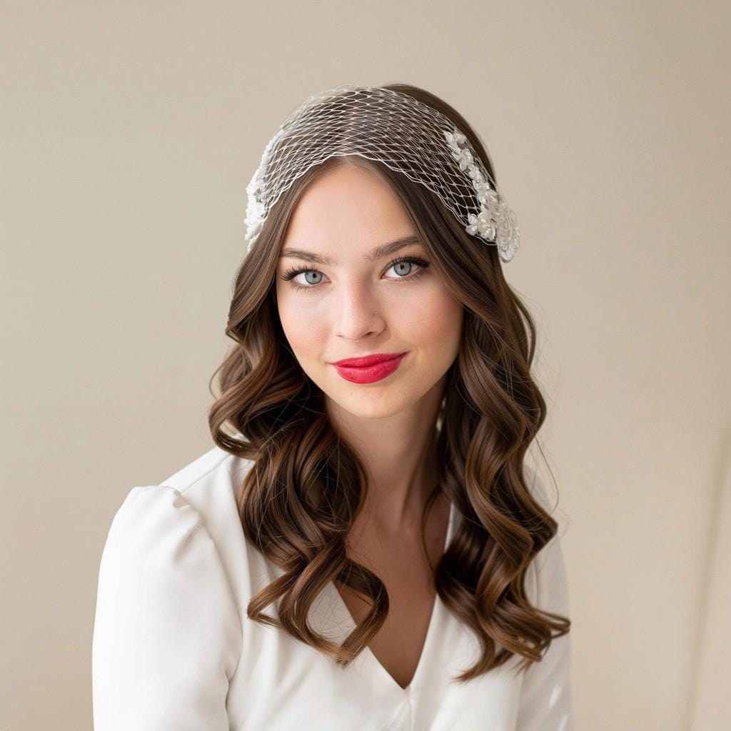 Wedding bandeau veil made of lace, face netting with Swarovski pearl-embellished lace, ivory floral lace netting headband for the bride