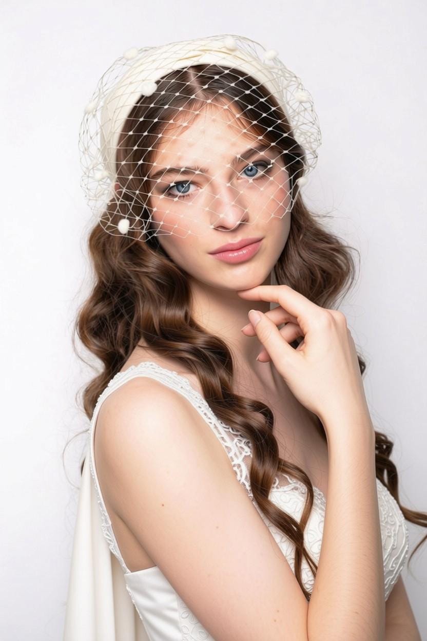 Birdcage Veil with Silk Satin Wide Headband | 2-in-1 Bridal Headpiece | Vintage Inspired Wedding Fascinator | Detachable French Veil