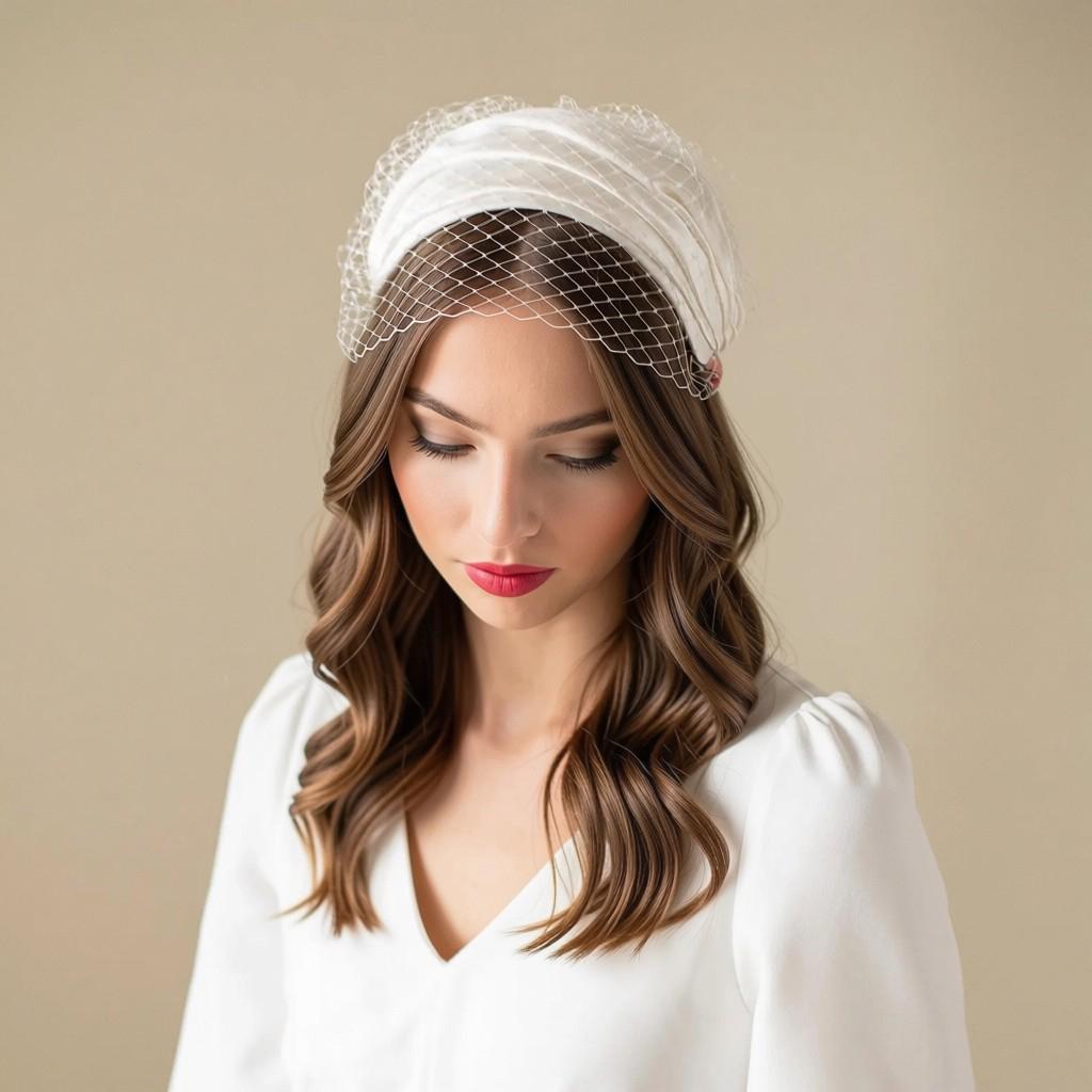 Silk Satin Wedding Hat with Birdcage Veil: Grace Kelly Style Half Hat