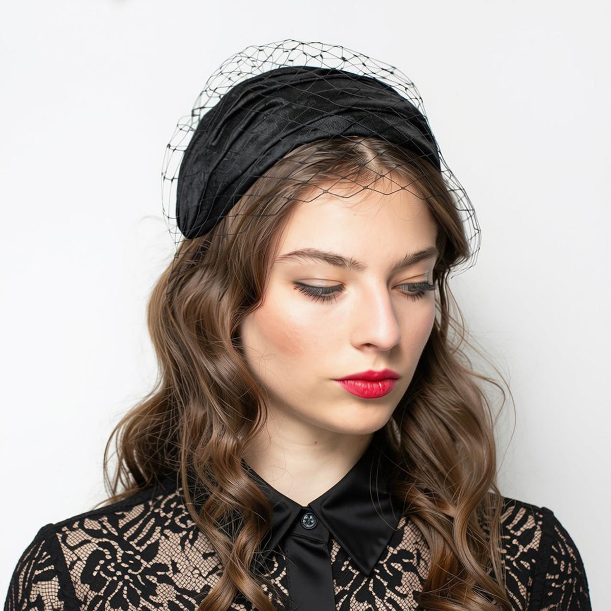 Black Bridal Hat with Birdcage Veil, Modern Wedding Headpiece, Civil Ceremony Veiled Hat, Alternative Bride