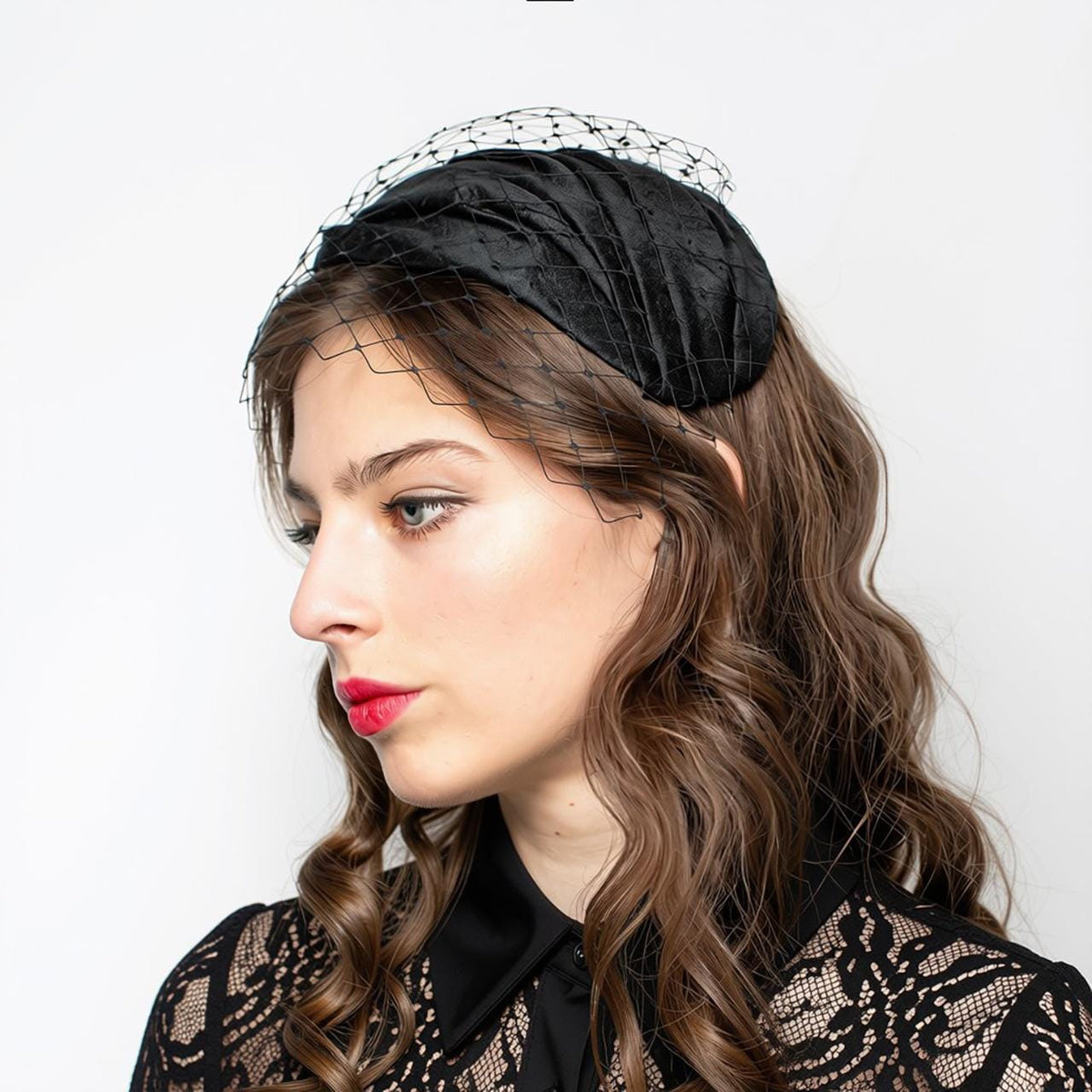 Black Bridal Hat with Birdcage Veil, Modern Wedding Headpiece, Civil Ceremony Veiled Hat, Alternative Bride