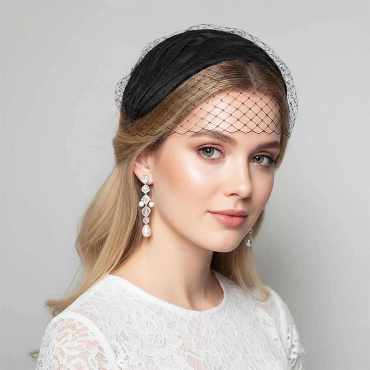 Black Bridal Hat with Birdcage Veil, Modern Wedding Headpiece, Civil Ceremony Veiled Hat, Alternative Bride