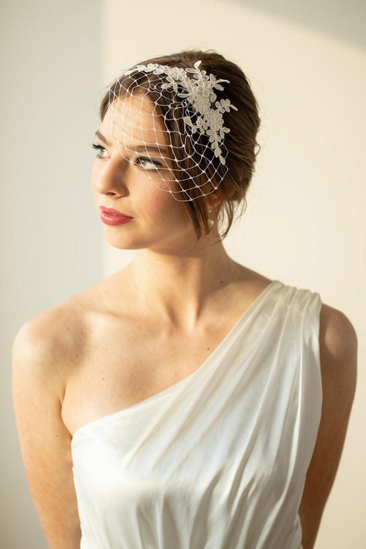 Ivory Birdcage Bridal Veil with Floral Lace – Short Wedding Veil on Comb, Vintage Bridal Hair Accessory