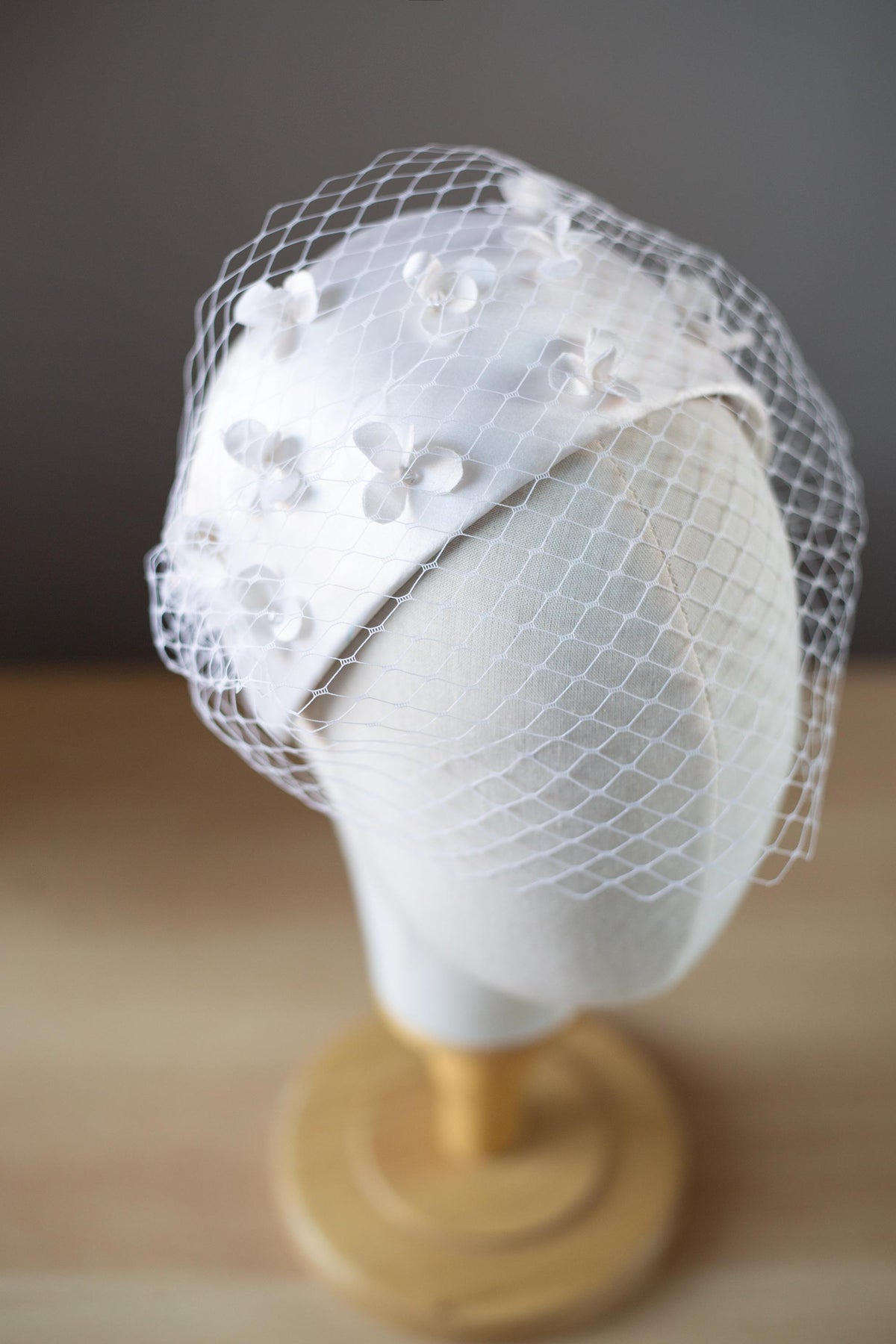 Silk Satin Wedding Half Hat with Removable Bandeau Veil, Vintage Bridal Headpiece with Crystals, Birdcage Veil on Two Pins