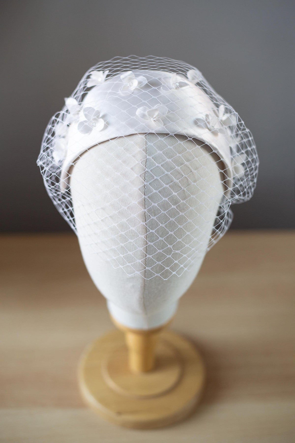 Silk Satin Wedding Half Hat with Removable Bandeau Veil, Vintage Bridal Headpiece with Crystals, Birdcage Veil on Two Pins