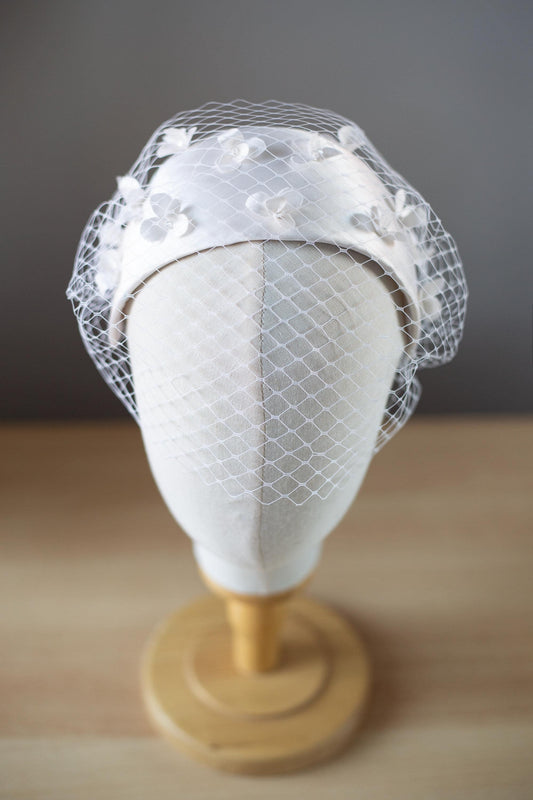 Silk Satin Wedding Half Hat with Removable Bandeau Veil, Vintage Bridal Headpiece with Crystals, Birdcage Veil on Two Pins