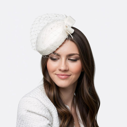 Bridal Pillbox Hat, Felt Winter Wedding Hat with Bow & Birdcage Veil