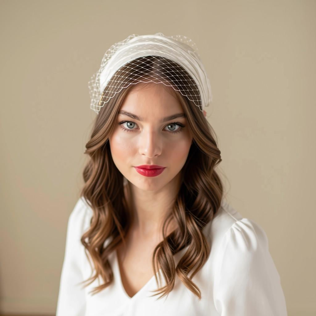 Vintage-Inspired Bridal Hat, Birdcage Veil with Silk Satin Bridal Wide Headband