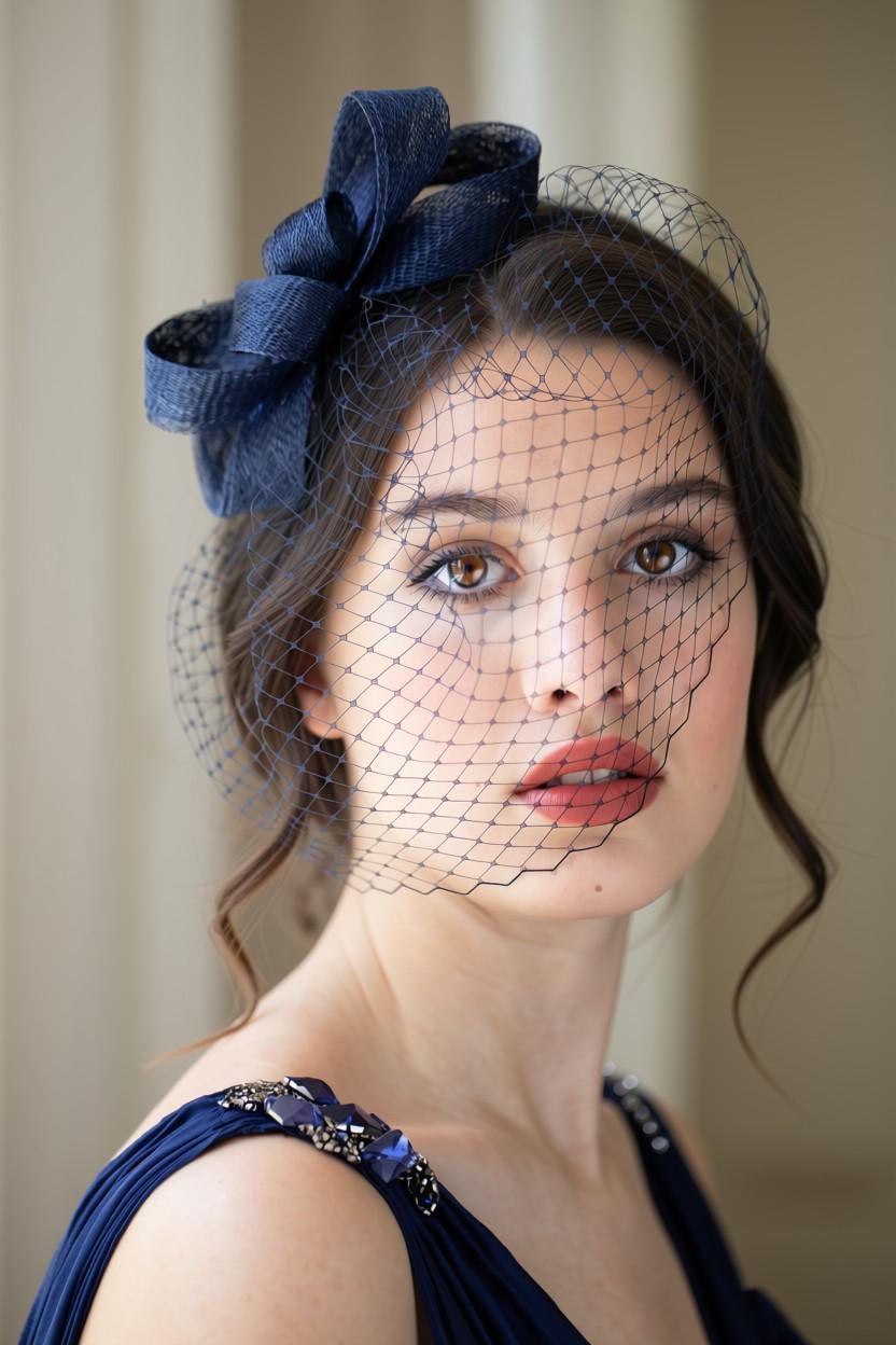 Navy Fascinator with Short Birdcage Veil – Elegant Bow Hair Headpiece with Removable Netting Veil