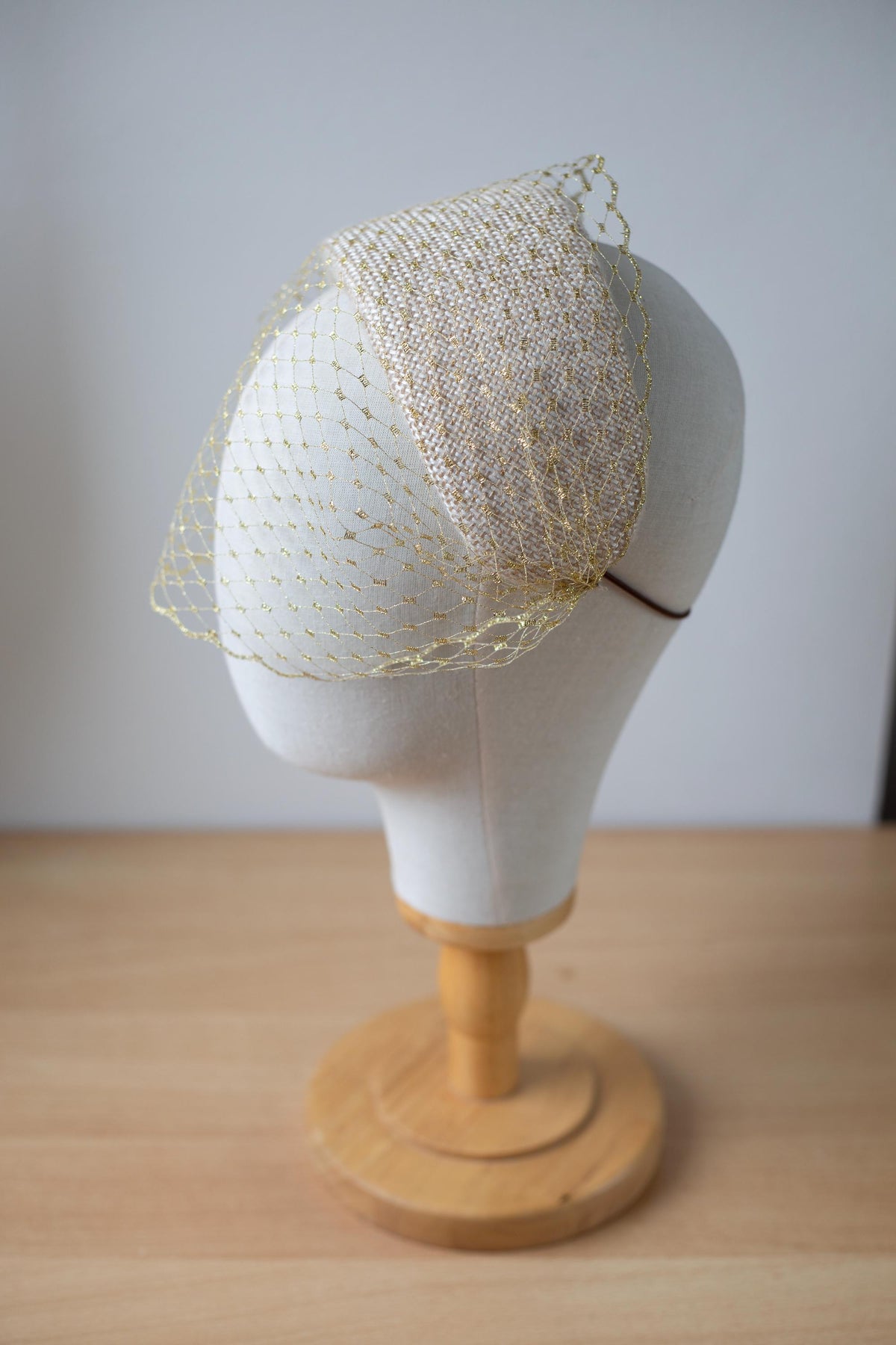 Beige Gold Tweed Halo Headband with Gold Birdcage Veil, Wedding Headpiece, Wool Bridal Fascinator, City Hall Bride, Gold Wedding Hat
