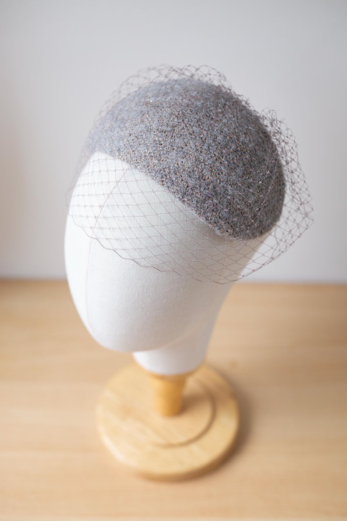 Wedding Caplet Headpiece with Woven Wool in Grey/Taupe, Veiled Taupe Tweed Hat, 1950s Half Hat Style headpiece with birdcage