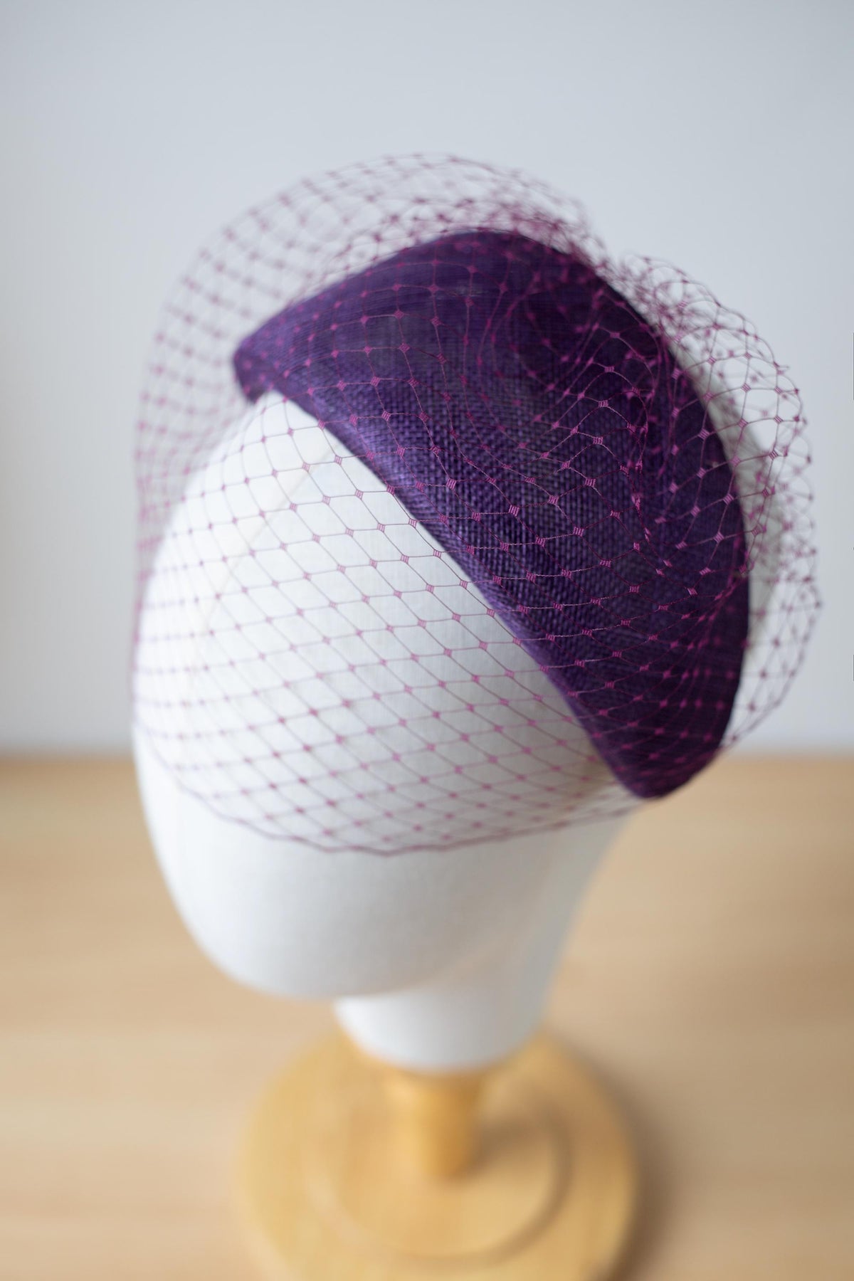 Aubergine Moon Headband with Birdcage Veil – Wedding Guest Crescent Headpiece, Couture Millinery Fascinator, Vintage Inspired Headpiece