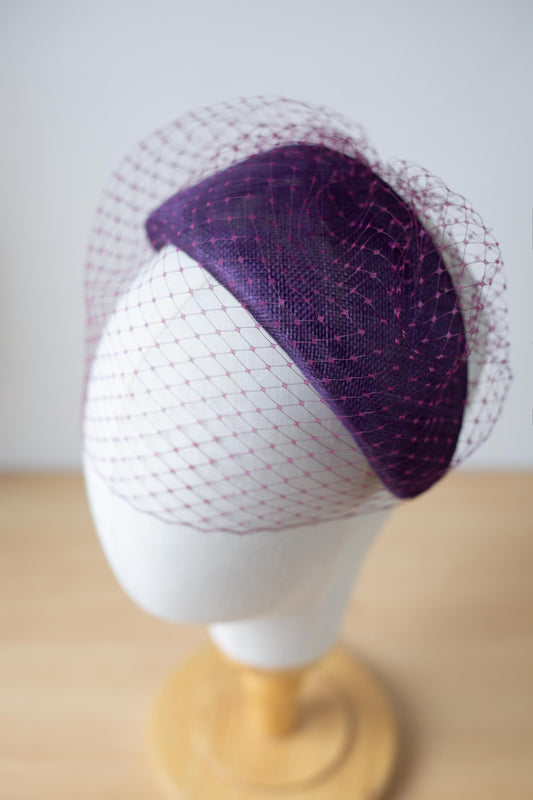Aubergine Moon Headband with Birdcage Veil – Wedding Guest Crescent Headpiece, Couture Millinery Fascinator, Vintage Inspired Headpiece
