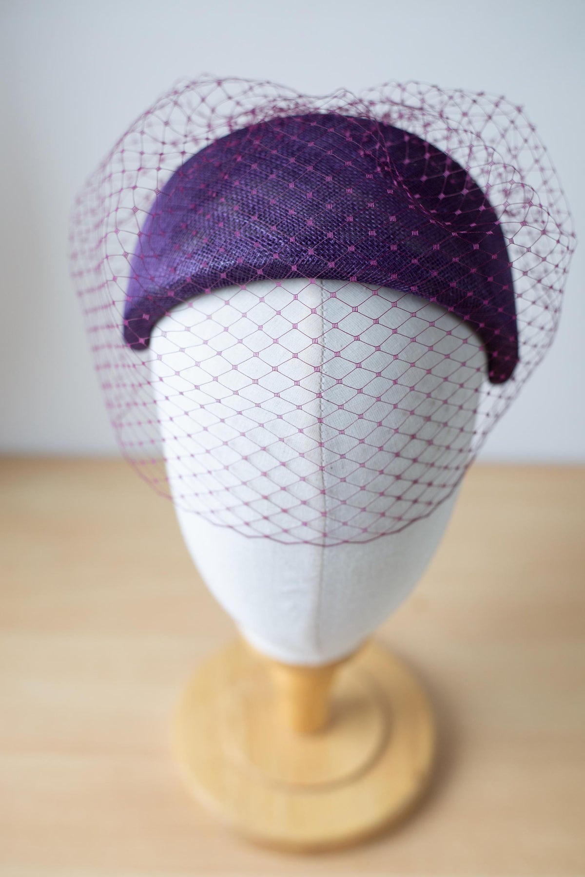 Aubergine Moon Headband with Birdcage Veil – Wedding Guest Crescent Headpiece, Couture Millinery Fascinator, Vintage Inspired Headpiece