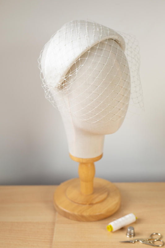 Grace Kelly Bridal Half Hat, Silk Dupion Headband with Removable Birdcage Veil, Vintage Inspired Civil Ceremony Veil, Couture Headpiece