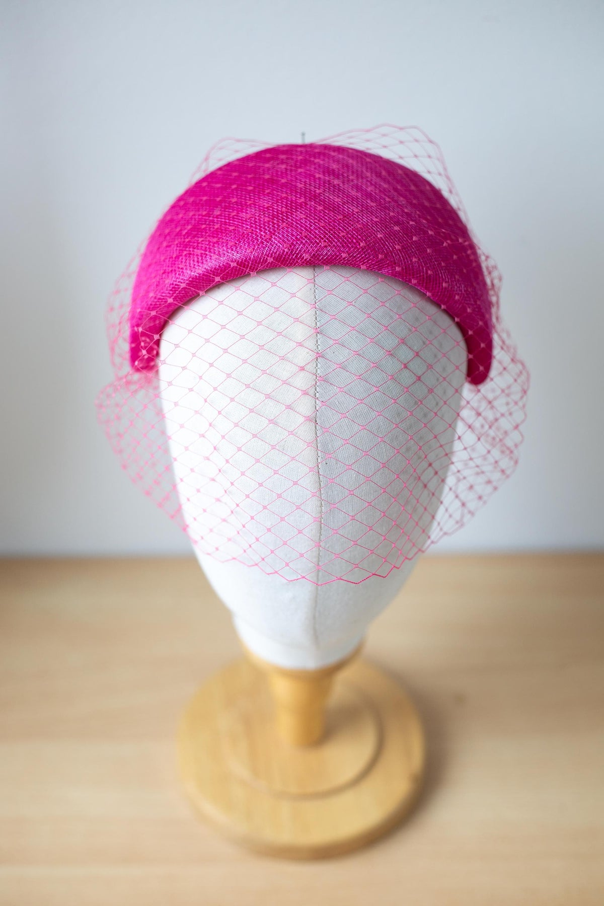 Pink Moon Headband with Birdcage Veil – Pink Wedding Guest Headpiece, Couture Millinery Fascinator, Vintage Inspired Headband